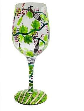 Lolita Wine Tasting Wine Glass 15 oz Hand Painted Grape Vines & Wine Bottles